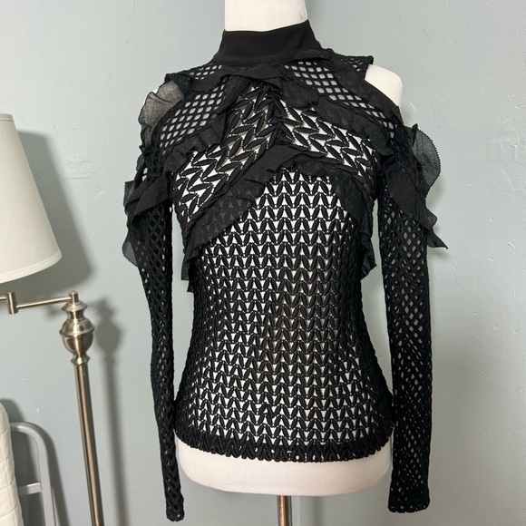 Self Portrait Purl Knit Long Sleeve Black Top Sheer Mesh Sleeve - Picture 2 of 7